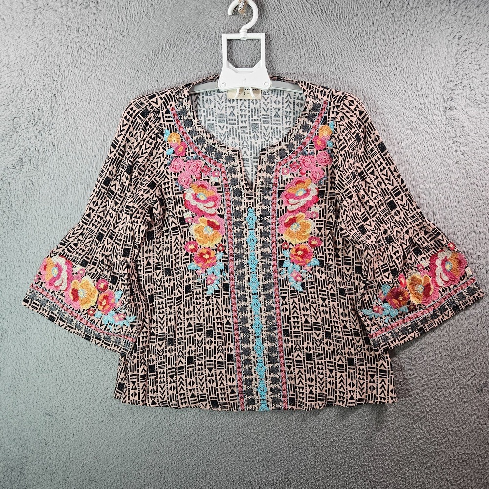 NEW Savanna Jane Top‎ Blouse Women Small Embroidered Bell Sleeve Multicolor Boho